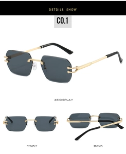 Detail view of rimless polygon sunglasses with gold metal hinges and gray lenses