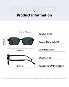 Detailed size chart for square sunglasses showing 144mm width and UV PC frame specs