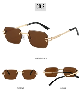 Detailed views of rimless polygon sunglasses with gold C-shaped metal hinges and brown lenses