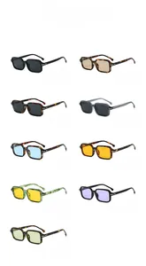Detailed catalog of retro rectangular sunglasses featuring nine stylish color combinations