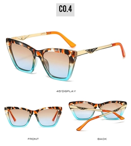 Detailed views of tortoise cat-eye sunglasses with gradient lenses and gold temples
