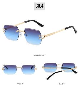 Three-view display of rimless polygon sunglasses with gradient lenses and gold metal hinges