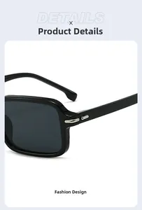 Close-up of sleek square sunglasses hinge with silver metal decor and glossy finish