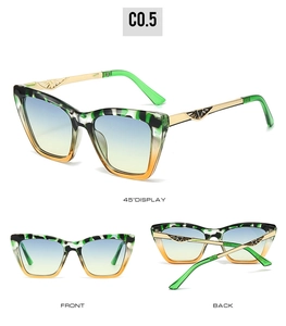 Three-way view of cat eye sunglasses with green tortoiseshell frames and gradient lenses