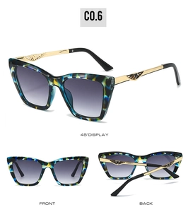 Three-view display of cat-eye marble sunglasses with gold metal geometric temples