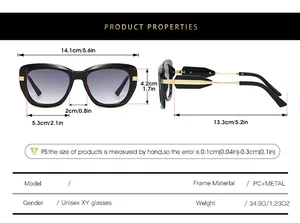 Detailed size chart of cat-eye sunglasses with PC and metal frame dimensions