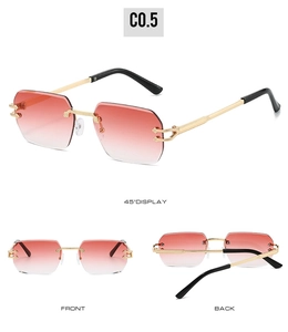 Three views of rimless polygon sunglasses with gradient red lenses and gold metal temples