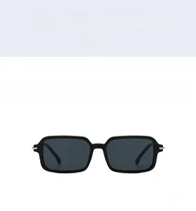 Front view of classic black rectangular sunglasses with dark grey UV lenses C1
