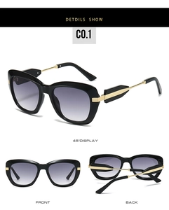Detailed views of black cat-eye sunglasses with purple gradient lenses and gold temples