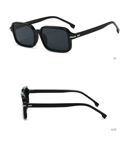 Detail of square black sunglasses with silver metal hinge accents and polished finish