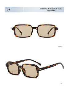 Detail view of tortoiseshell square sunglasses with tea lenses from front and side angles