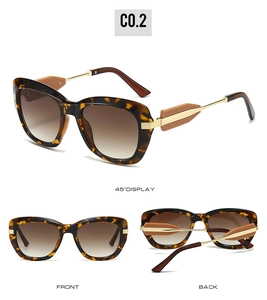 Three views of tortoise shell cat-eye sunglasses with brown gradient lenses and metal temples