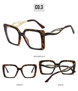 Detail of tortoiseshell square frame with golden hollow curved metal temples