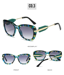 Three-way view of cat eye sunglasses featuring tortoiseshell frames and gradient lenses