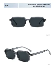 Detail view of retro rectangle sunglasses featuring transparent grey frames and silver hinges