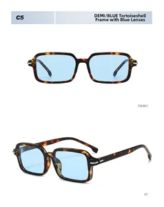 Retro square tortoiseshell sunglasses with blue lenses from front and 45-degree views