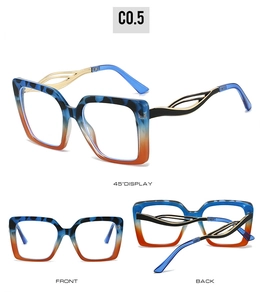Detail view of square blue tortoiseshell and orange gradient frames with hollow metal temples