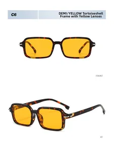 Detail view of rectangular tortoise frame sunglasses with vibrant yellow lenses and metal hinges