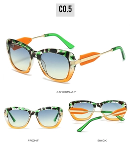 Detailed views of cat-eye sunglasses with green tortoise frames and gradient lenses