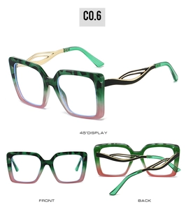 Multi-angle view of oversized square glasses with green-pink gradient and metal temples