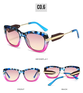 Detailed views of cat-eye sunglasses with colorful tortoiseshell frames and metal temples