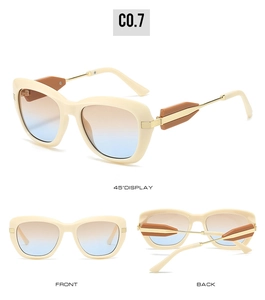 Detailed view of cat eye sunglasses with cream frames and gradient lenses from three angles