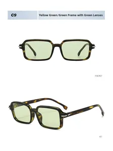 Front and 45-degree angle view of retro square sunglasses with yellow green tortoiseshell frame
