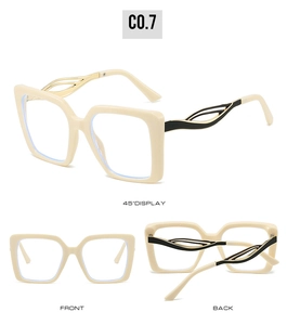Three-angle view of cream square oversized glasses frame with wavy gold-black temples