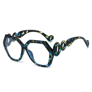 Modern oversized square blue tortoiseshell glasses frame with decorative hollow chain temples