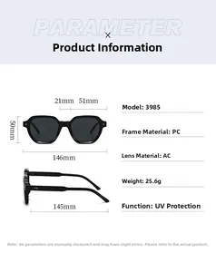 Detailed size chart for square sunglasses showing 146mm width and PC frame specifications