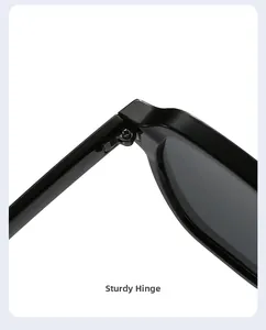 Detail view of durable metal hinges on glossy black square-frame sunglasses