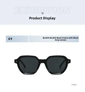 Front view of black square sunglasses with silver diamond rivets and dark grey lenses