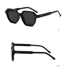 Detail view of black square sunglasses with silver lightning bolt accents and 45 degree side profile