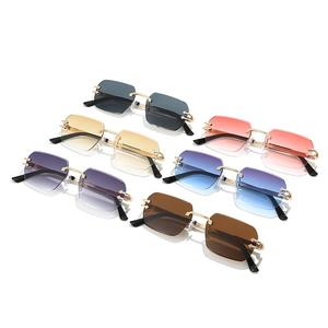 Rimless polygonal sunglasses with gradient lenses and C-shaped metal accents in various colors