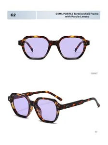Detail view of demi geometric sunglasses frame with purple lenses and metal rivets