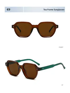 Front and side view of hexagonal tea-colored sunglasses with green temples and rivets