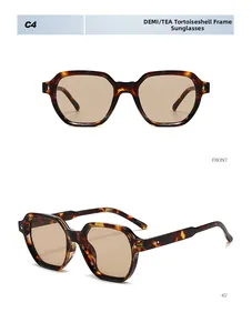 Front and 45-degree angle detail of retro tortoiseshell sunglasses with tea lenses