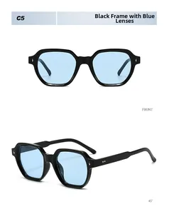Macro detail of geometric square sunglasses with black frame, blue lens and silver rivets