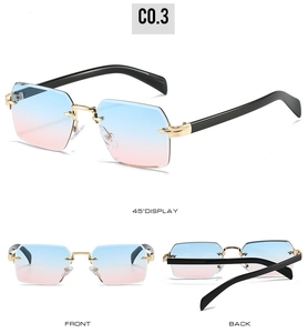 Détail de lunettes de soleil carrées sans monture avec verres dégradés bleu-rose et or métal