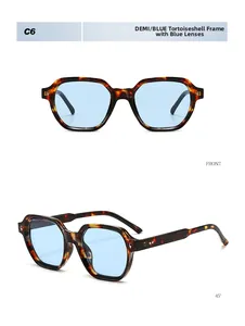 Front and side angles of tortoiseshell geometric sunglasses with blue lenses
