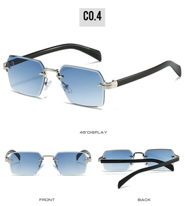Vues détaillées de lunettes de soleil carrées sans monture avec verres dégradés bleus
