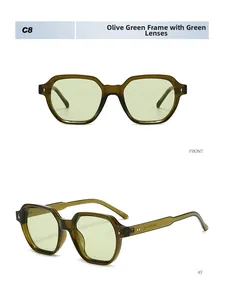 Detail view of olive green hexagonal sunglasses featuring metal rivets and specifications