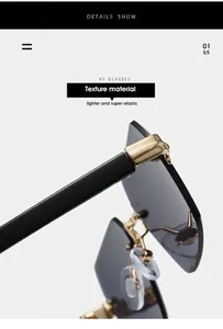 Détail de lunettes de soleil carrées sans monture avec charnières dorées et branches noires