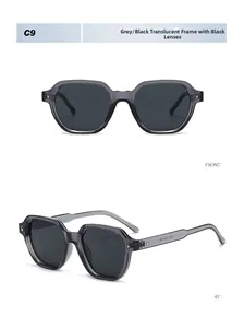 Detail showing transparent grey sunglasses frame with silver rivets and grey lenses