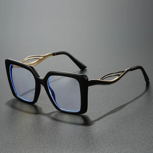 Fashionable oversized square black frame glasses with golden hollow streamline temples