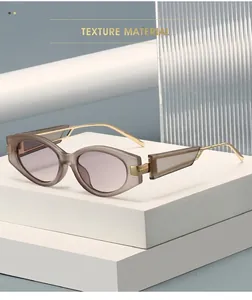 Detail of cat eye sunglasses with frosted gray frame and gold metal temples