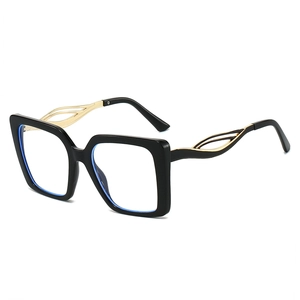 Stylish square oversized glasses with black frames and gold hollow petal-shaped temples