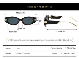 Detailed size chart with dimensions for cat eye metal frame rectangle sunglasses