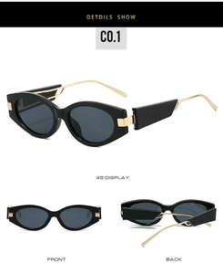 Detailed views showing black cat-eye sunglasses with gold metal temples and wide accents