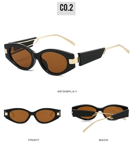 Detailed views of cat eye sunglasses with black frames and gold metal temples